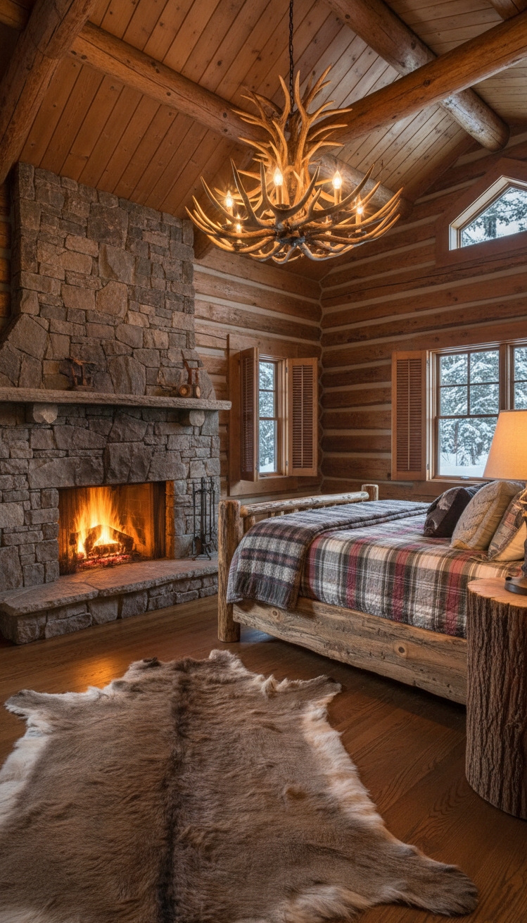 country-style bedroom - Country Bedroom: Rustic Design Ideas - The stone fireplace commands attention, its rough texture...