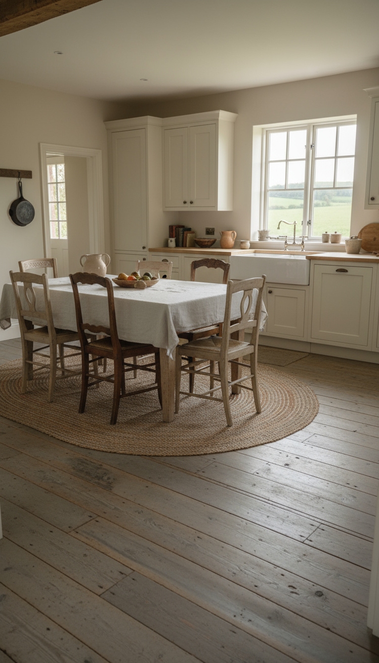 Light Grey Floors Kitchen - Light Grey Floors: Farmhouse Kitchen Charm - Light Grey Floors Kitchen - These light grey reclaimed wood floors whisper stories...