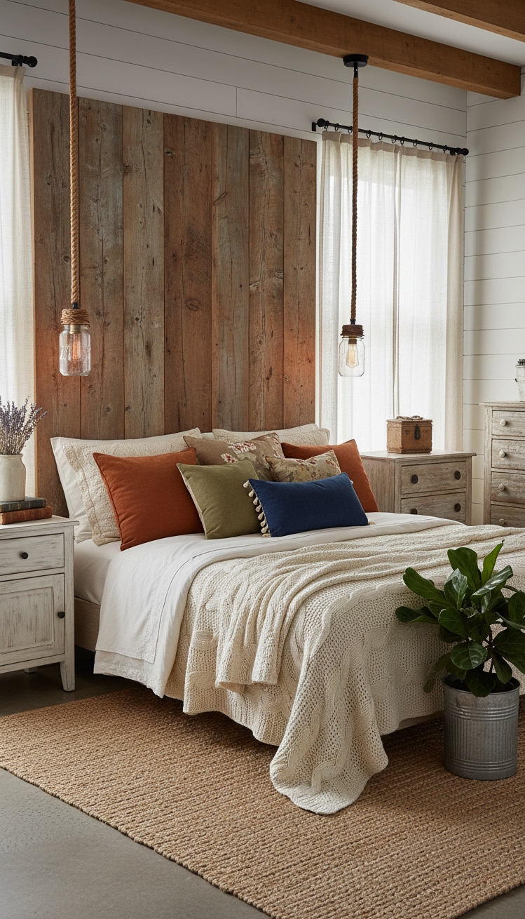 farmhouse bedroom ideas - Farmhouse Bedroom Design: Rustic Charm - The reclaimed wood headboard anchors this farmhouse bedroom,...