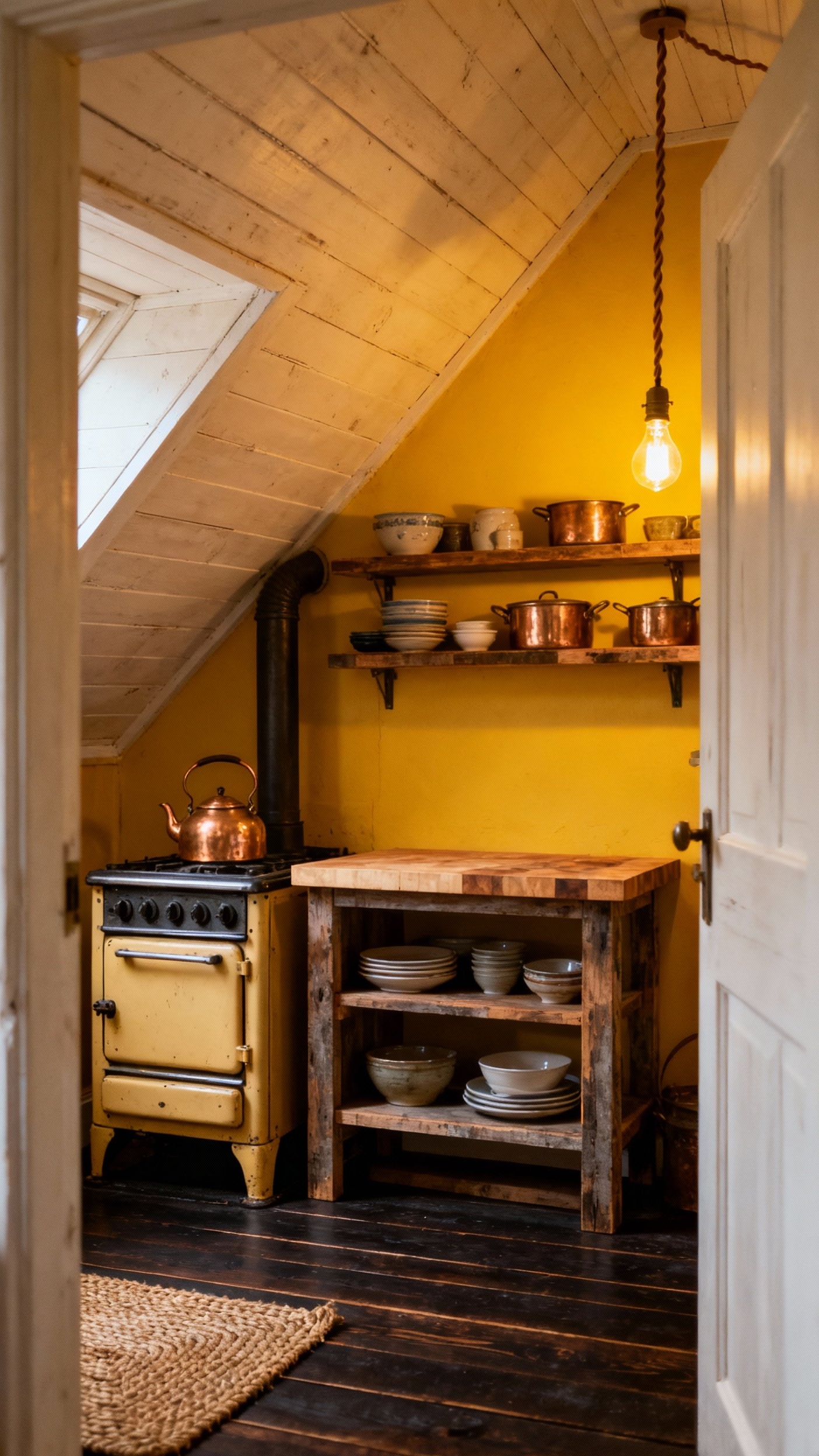 small kitchen ideas - Small Kitchens: Rustic Charm & Cozy Design - The whitewashed, sloping ceilings immediately draw your eye...