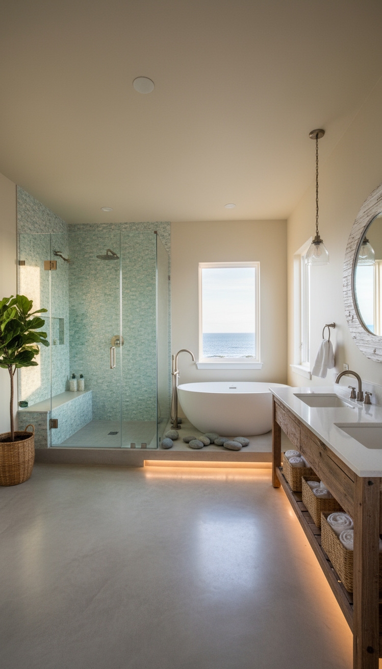 Trending Bathroom Colors - Coastal Beige: Bathroom Color Inspiration - The walk-in shower immediately draws your eye, its...