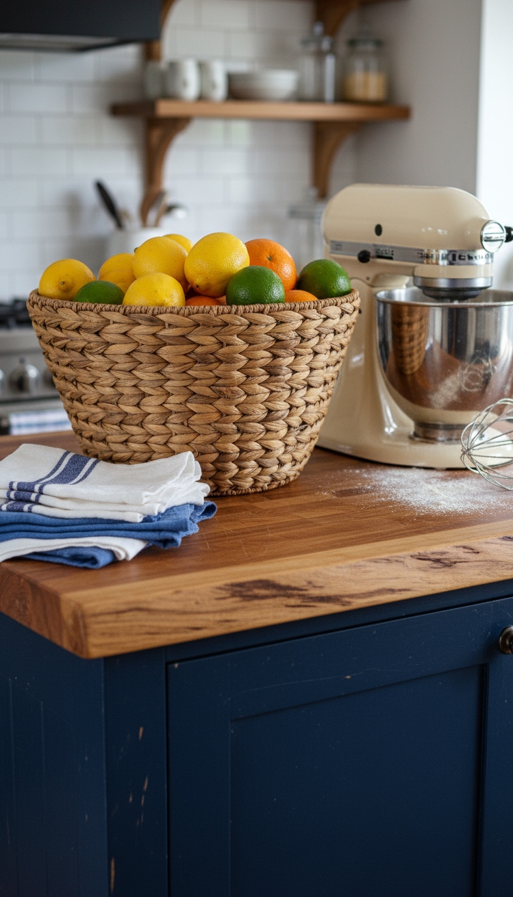 Beach Cottage Kitchens - Beach Cottage Kitchen: Island Details - Beach Cottage Kitchens - The deep navy island immediately draws your eye,...