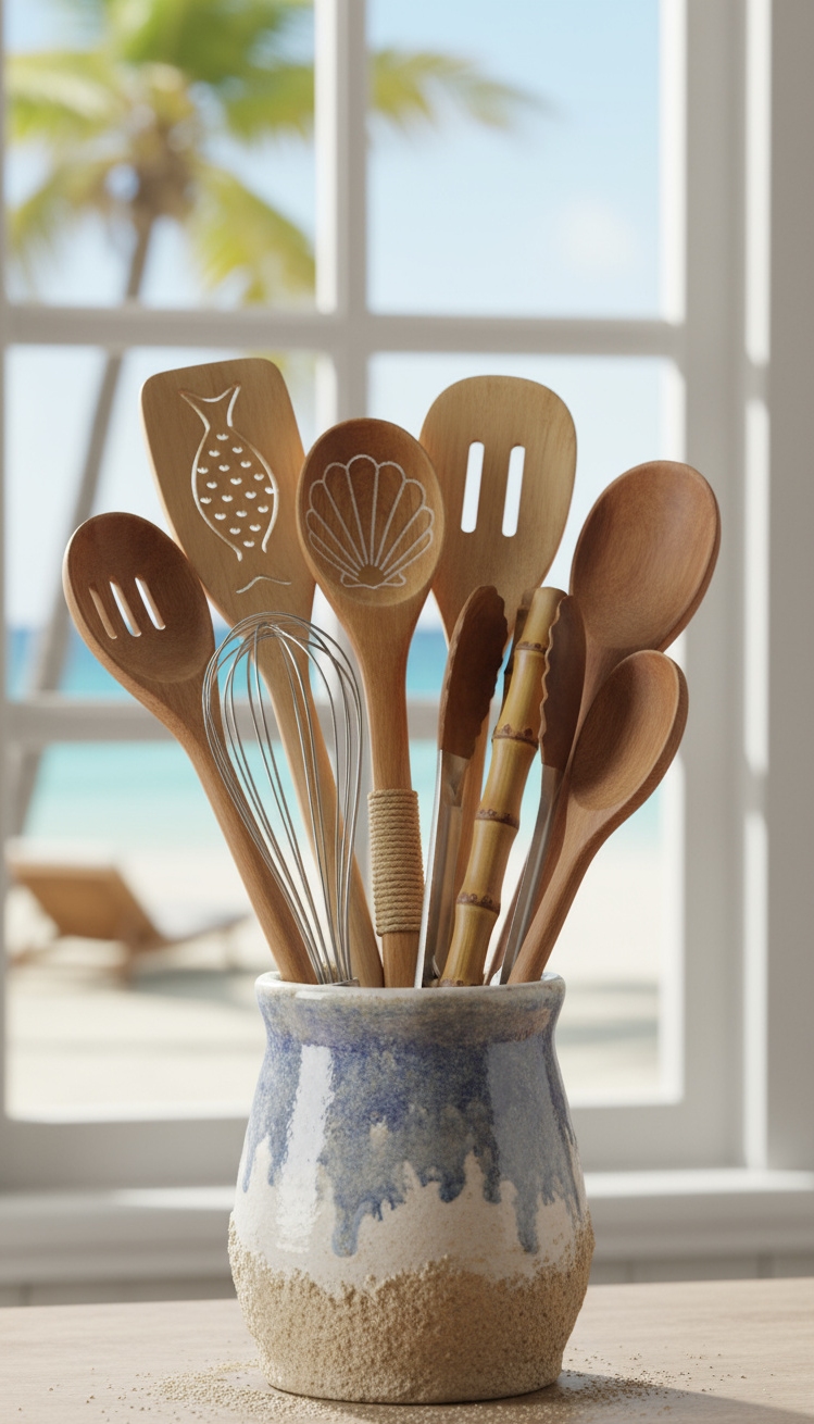 Beach Cottage Kitchens - Beach Cottage Kitchen: Utensil Holder Details - This charming utensil holder, brimming with well-loved tools,...