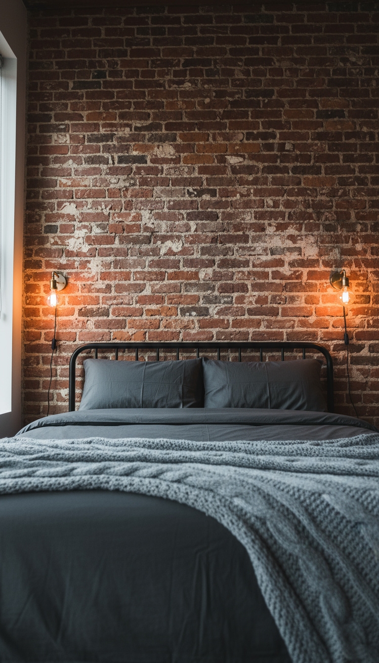 Accent Wall Behind Bed - Brick Accent Wall: Urban Rustic Bedroom - The exposed brick accent wall immediately grabs your...