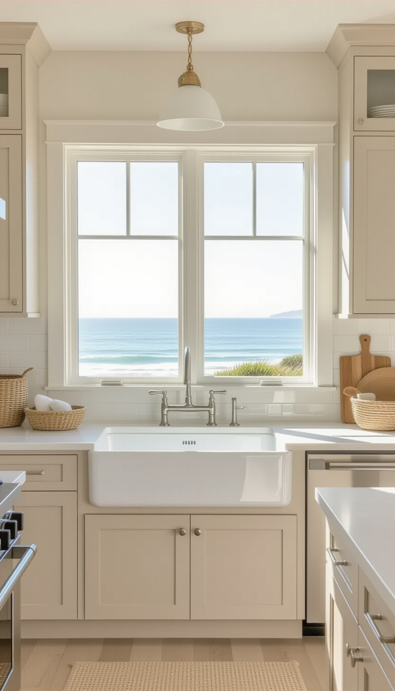 kitchen cabinet colors - Driftwood Beige: Coastal Kitchen Calm - These Driftwood Beige cabinets immediately soothe the eye...