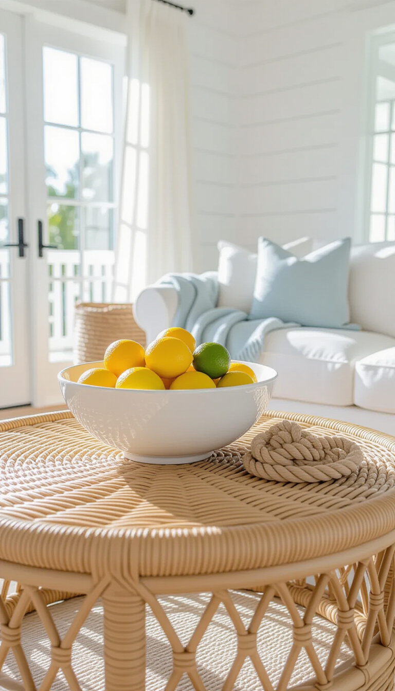 coffee table decor living room - Coastal Coffee Table: Citrus & Texture - This woven rattan coffee table anchors a bright,...