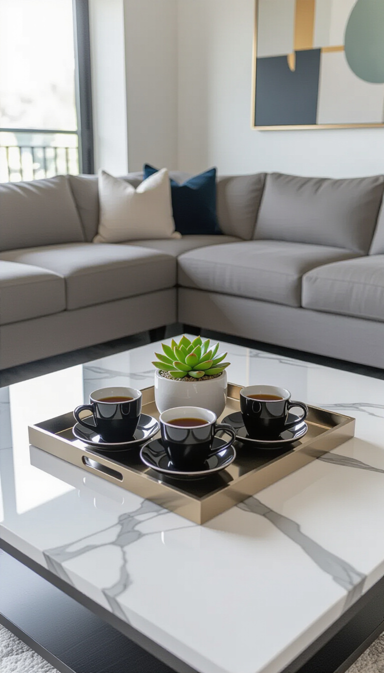 coffee table decor living room - Elevated Coffee Table Decor Ideas - This marble coffee table anchors the room with...