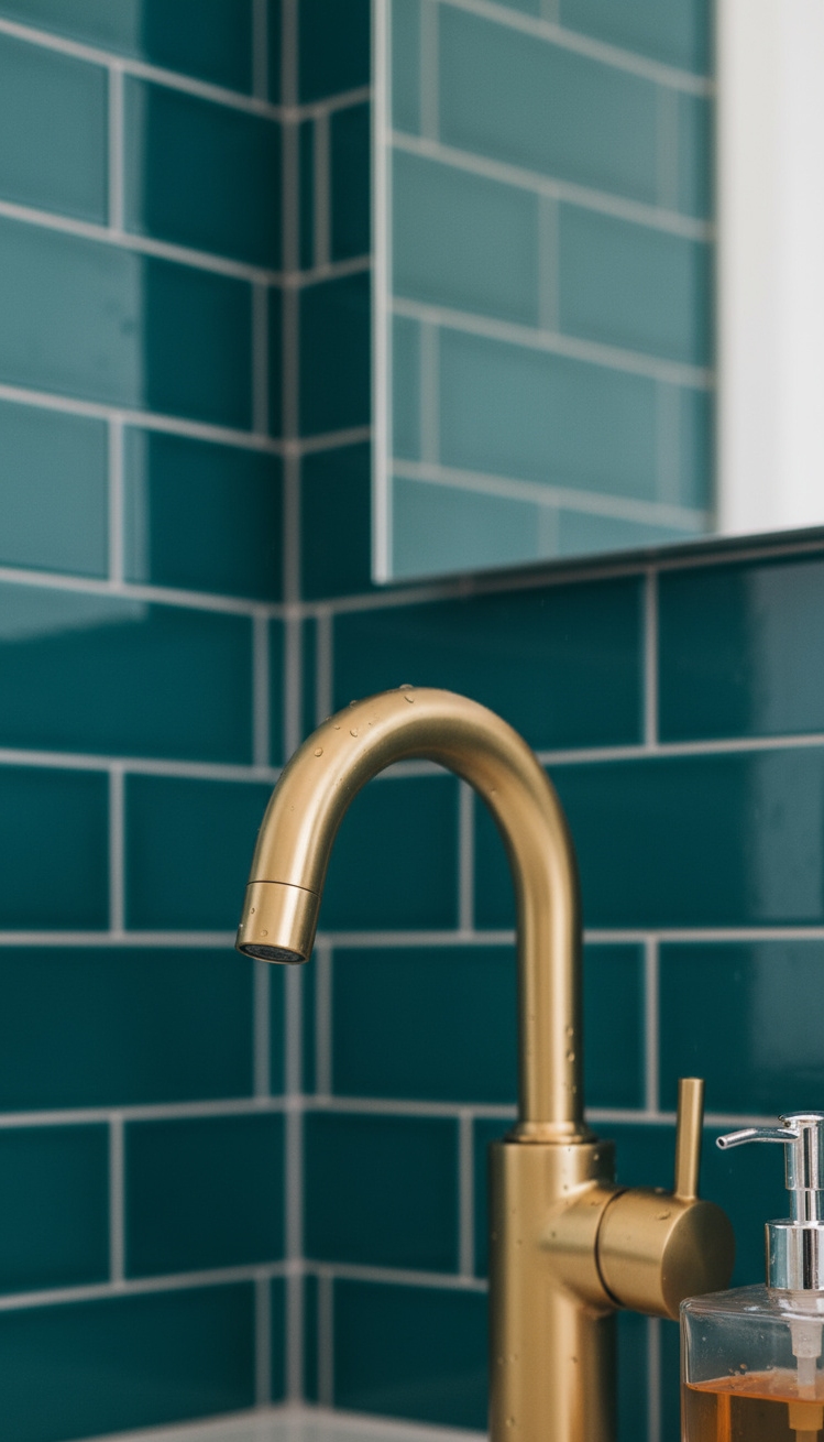 Trending Bathroom Colors - Trending Bathroom Colors: Teal & Gold - This brushed gold faucet immediately catches your eye,...