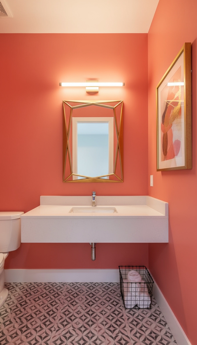 Trending Bathroom Colors - Bold Bathroom Hues: Coral Takes Center Stage - The coral pink walls immediately grab your attention,...