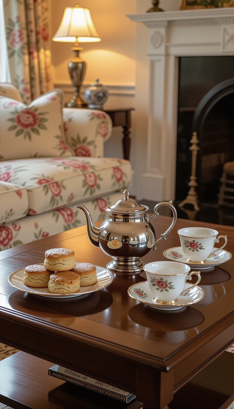 coffee table decor living room - Coffee Table Elegance: A Cozy Scene - This dark wood coffee table anchors a traditional...