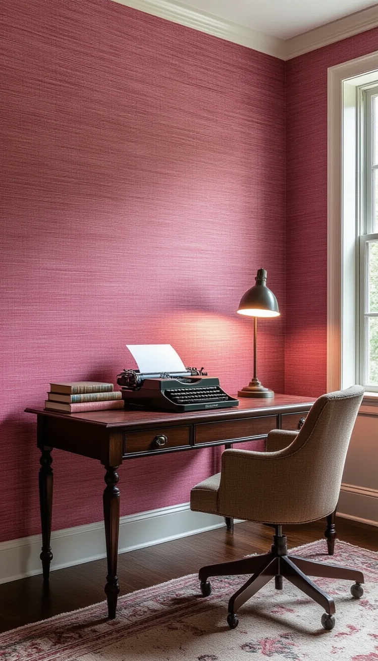 Deep Pink Wallpaper - Deep Pink Grasscloth: Cozy Office Design - This deep pink grasscloth wallpaper envelops the home...