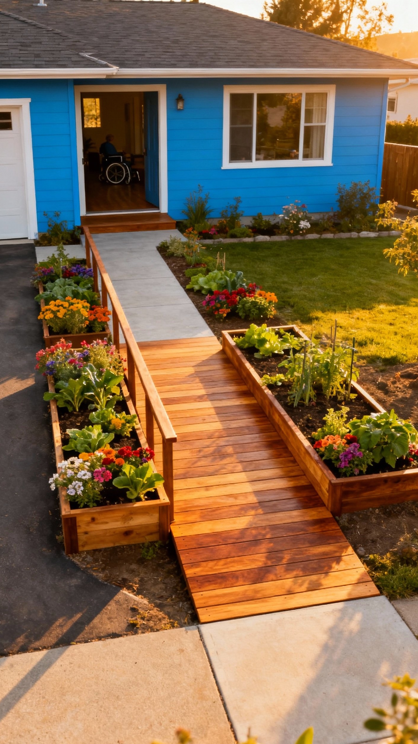 front yard landscape - Accessible Front Yard Design: A Welcoming View - The smooth, stained wood ramp immediately draws your...