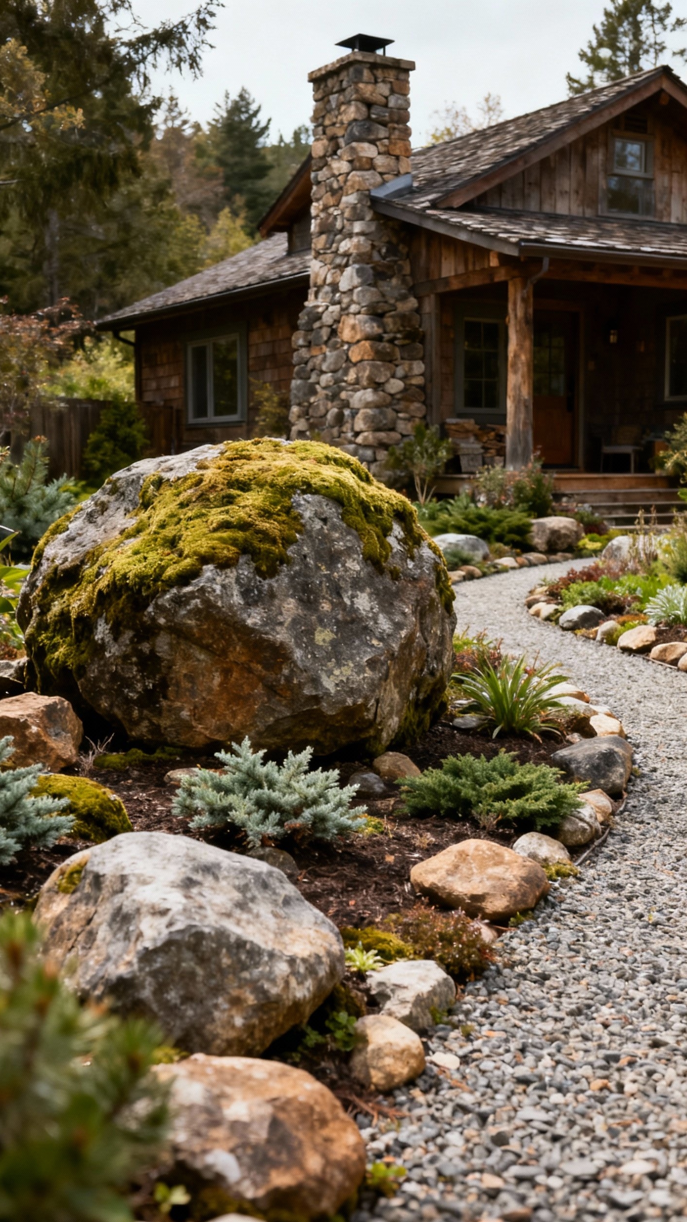 front yard landscape - Rock Garden Serenity: Natural Front Yard Design - That moss-covered boulder commands attention, doesn't it. Notice...