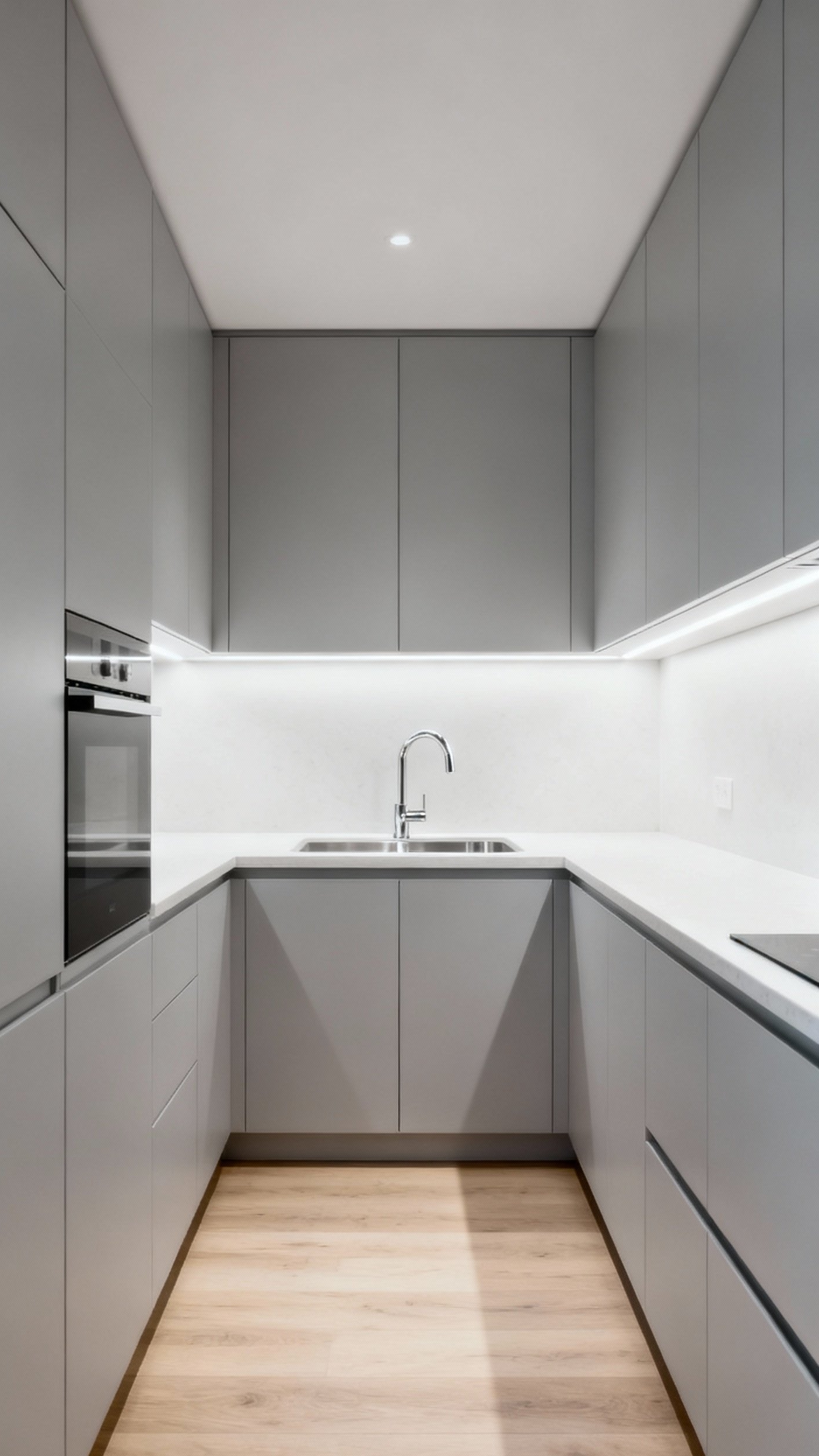 small kitchen ideas - Small Kitchens: Clean Lines, Maximized Space - The floor-to-ceiling cabinetry immediately catches your eye, painted...