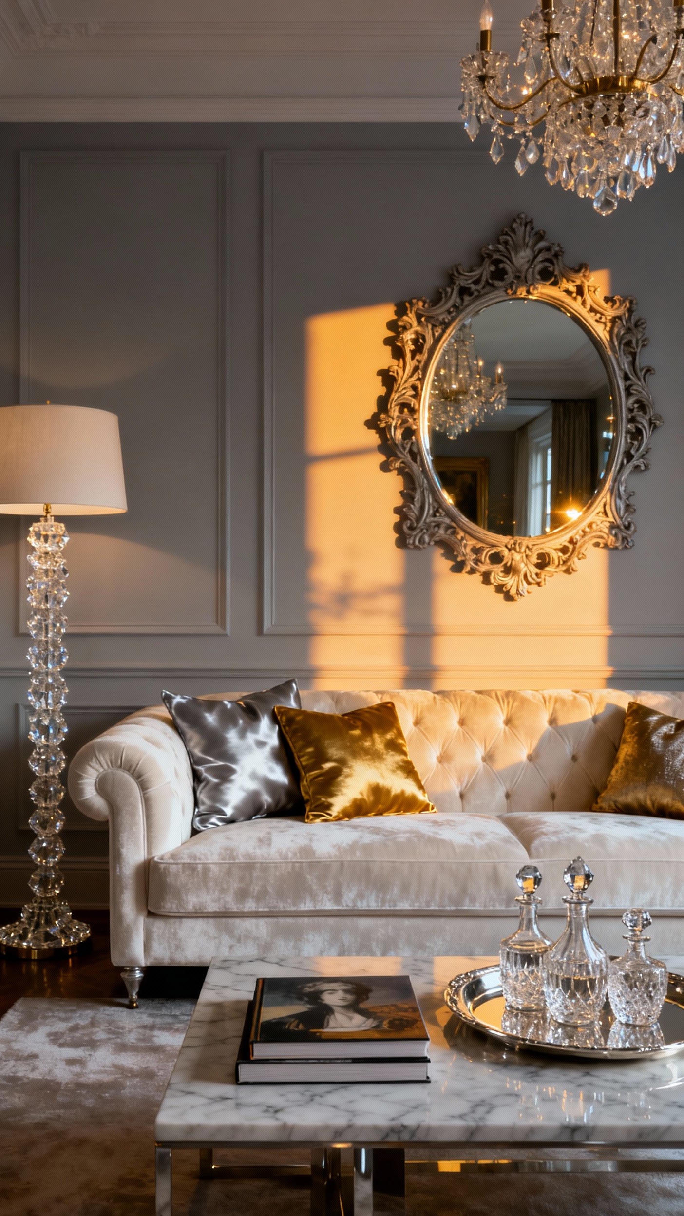 Glamorous transitional living room - Glamorous Transitional Living Room at Twilight - The ivory velvet sofa immediately draws your eye,...