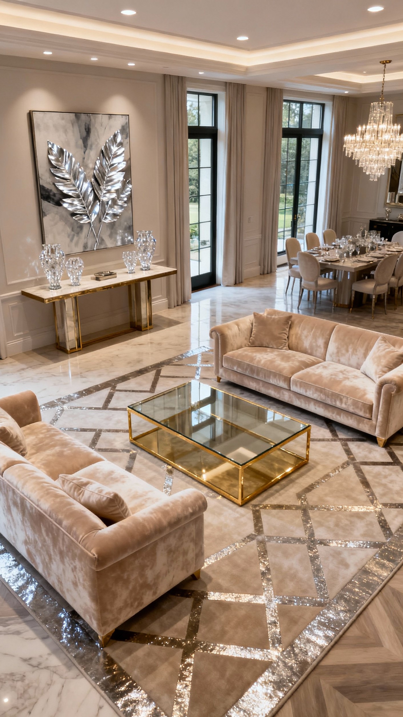 Glamorous transitional living room - Glamorous Transitional Living Room Design - Glamorous transitional living room - The champagne velvet sectional practically begs you to...