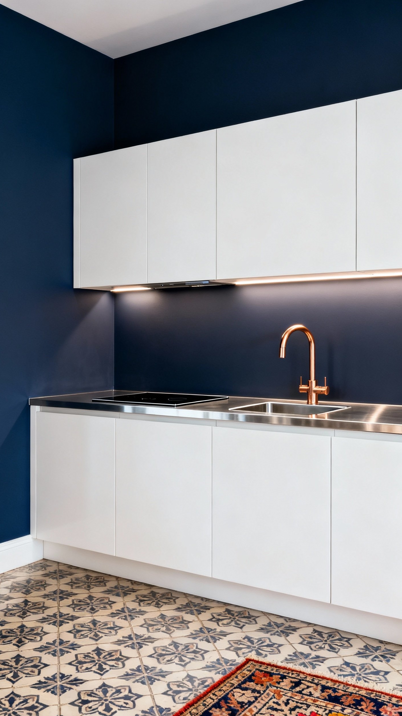 small kitchen ideas - Small Kitchen: Victorian Charm, Modern Edge - The deep navy walls immediately envelop you, creating...