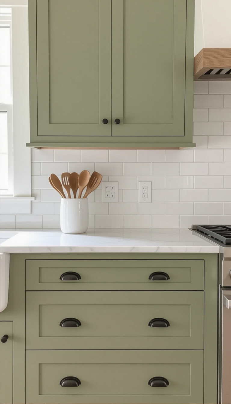 kitchen cabinet colors - Earthy Green Cabinets: Farmhouse Style Focus - These olive green cabinets immediately ground the space...