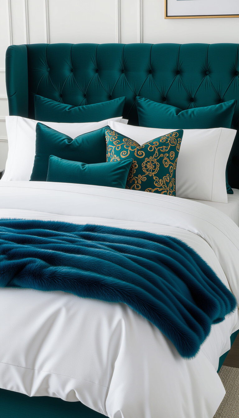 luxurious bedroom ideas - Jewel-Toned Textures: Luxurious Bedroom Design - Sink into a world of opulent comfort with...