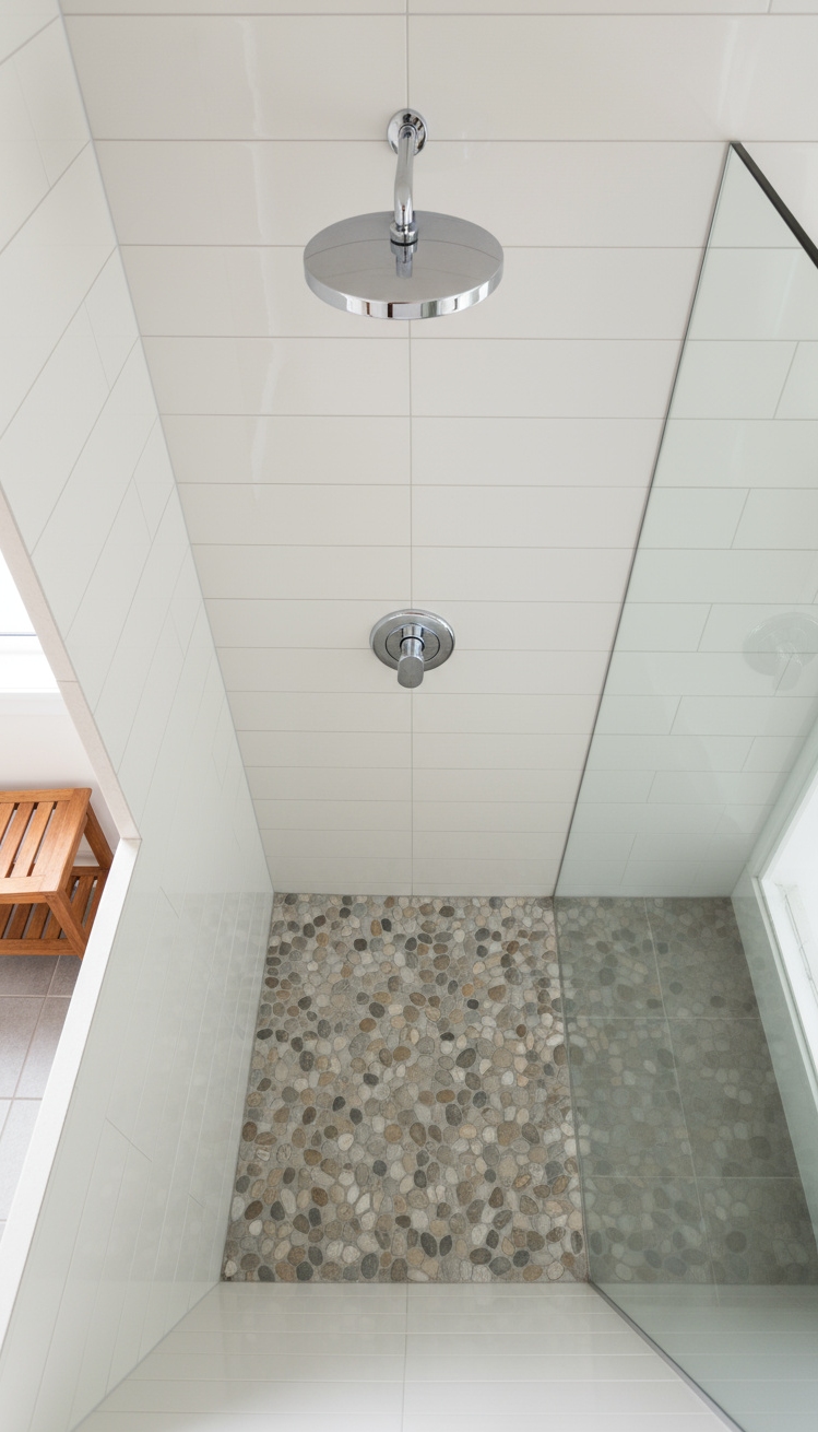 Trending Bathroom Colors - Trending Bathroom Colors: White Dove Serenity - This walk-in shower immediately soothes with its clean...