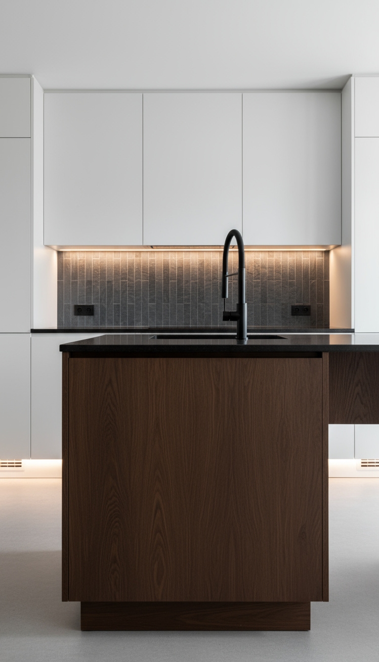 open kitchen ideas - Open Kitchen: Textural Harmony in Minimal Design - This floating kitchen island immediately grabs your attention...