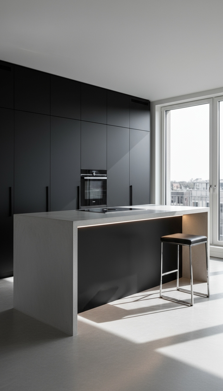 open kitchen ideas - Sleek Open Kitchen Island Design - The concrete waterfall island immediately grabs your attention...