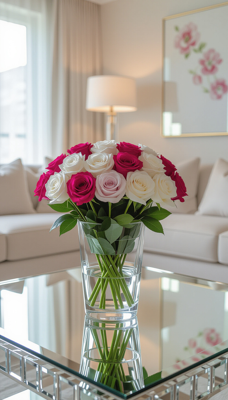 coffee table decor living room - Mirrored Coffee Table Glamour and Roses - The mirrored coffee table anchors this glamorous living...