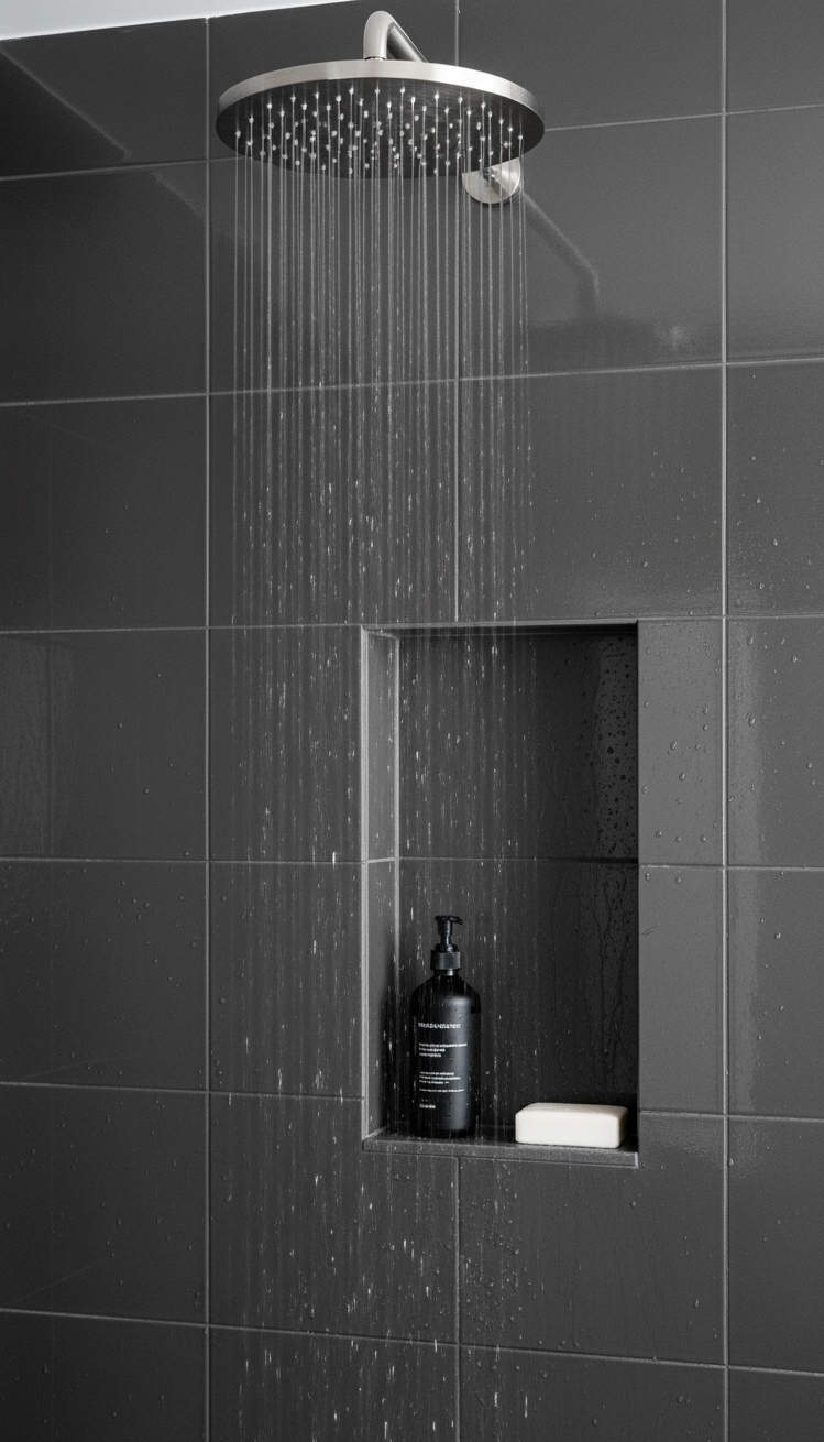 Trending Bathroom Colors - Bathroom Color Trends: Charcoal Gray Reigns - These charcoal gray shower tiles immediately grab your...