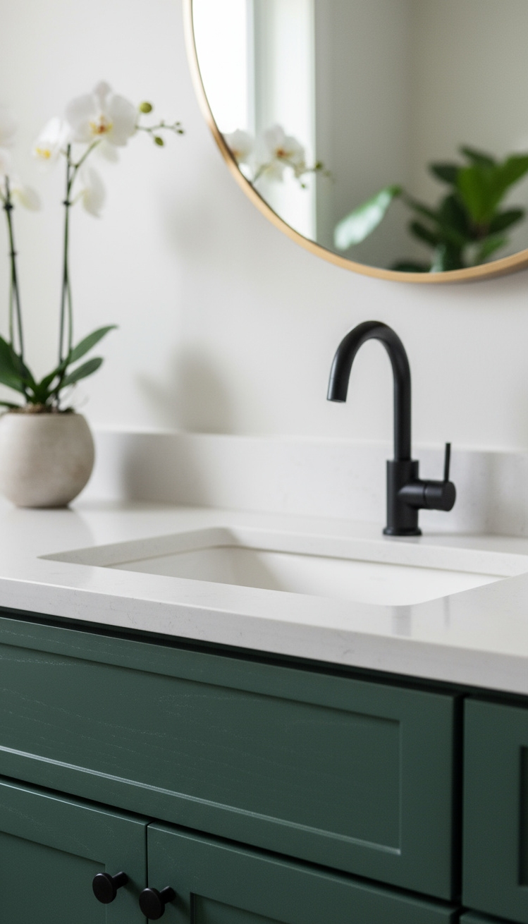 Trending Bathroom Colors - Trending Bathroom Colors: Evergreen Elegance - This forest green vanity immediately draws your eye...