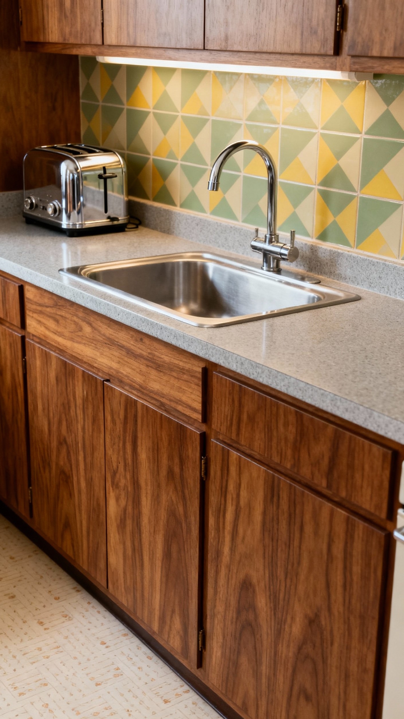 small kitchen ideas - Small Kitchen: Retro Design, Modern Space - The walnut cabinetry immediately draws your eye with...