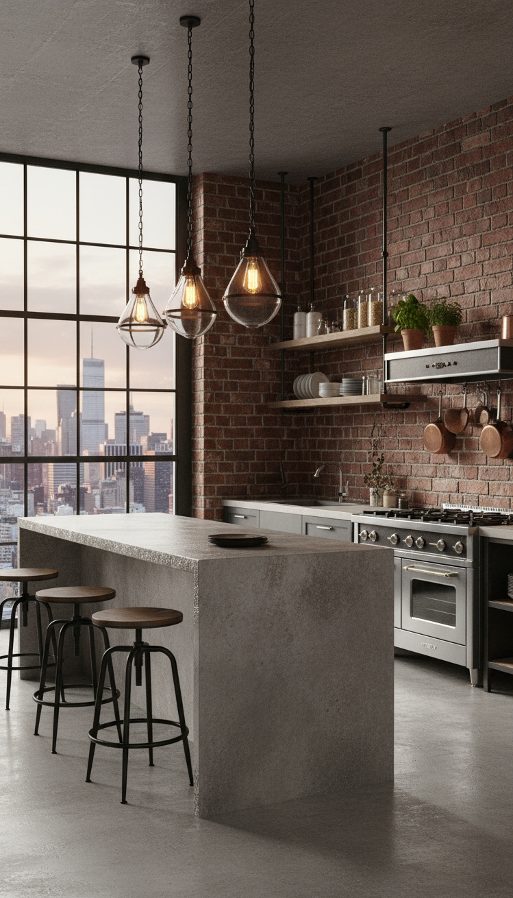 open kitchen ideas - Industrial Open Kitchen: Concrete & Cityscape - That raw concrete island immediately grabs your attention,...