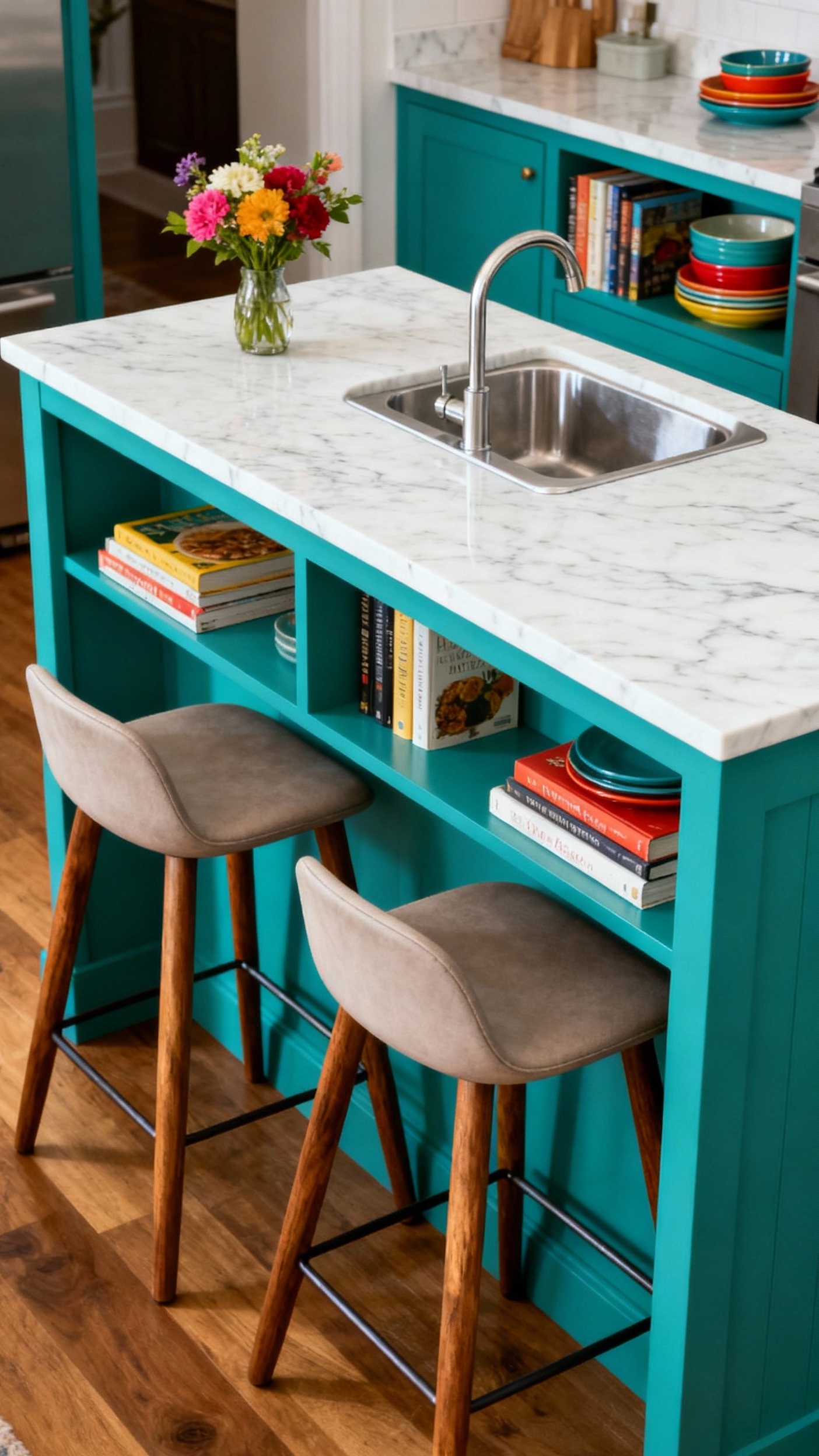 small kitchen ideas - Teal Island: Small Kitchen Style - This teal kitchen island instantly grabs your attention...