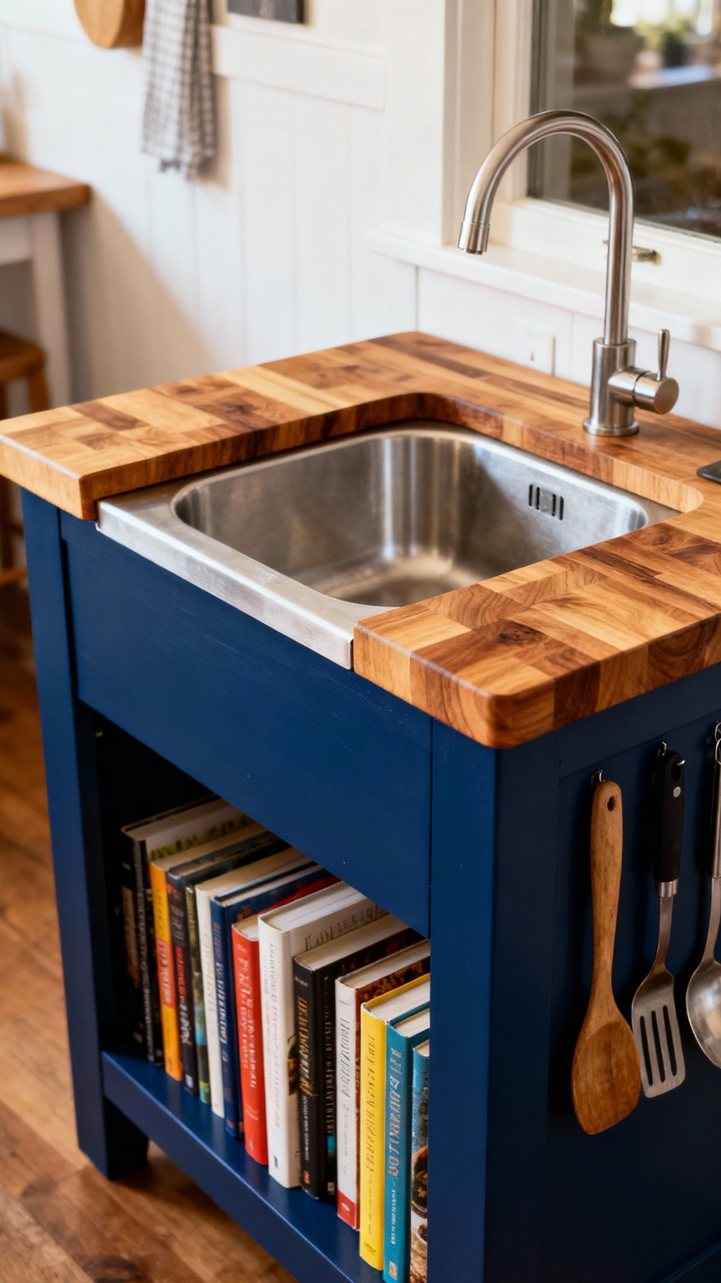 small kitchen ideas - Blue Island, Small Kitchen Design - This deep blue kitchen island immediately grabs your...
