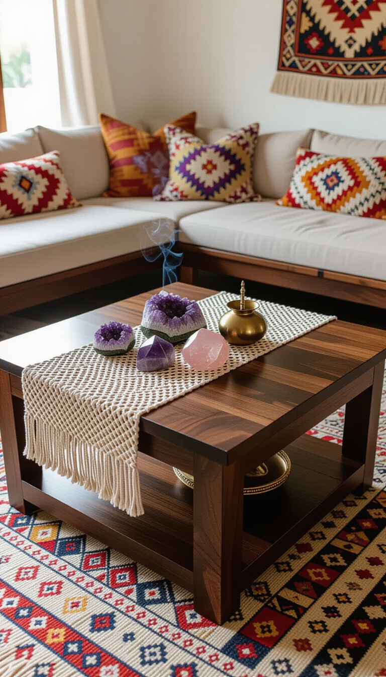 coffee table decor living room - Coffee Table Decor: Bohemian Crystal Oasis - This dark acacia coffee table anchors a bohemian...