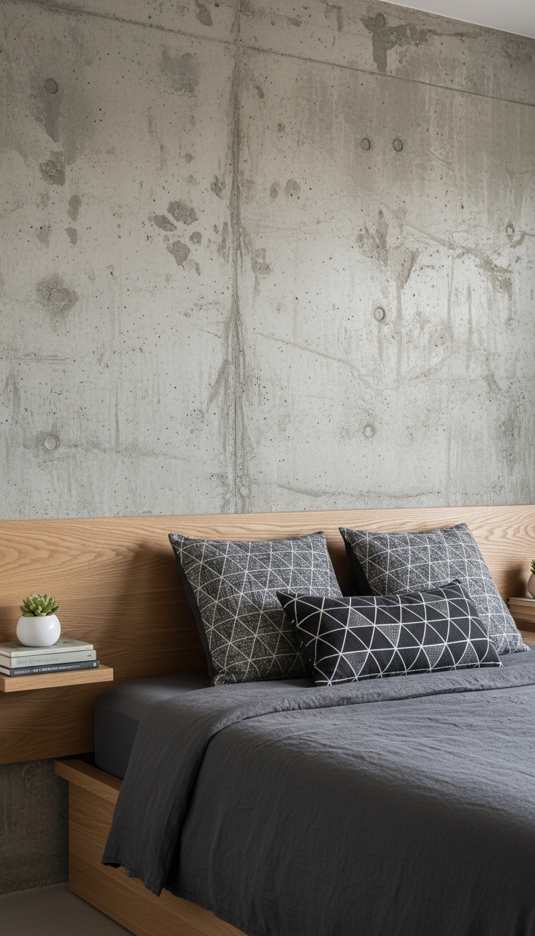 Accent Wall Behind Bed - Textured Concrete: Bedroom Accent Wall Design - The textured concrete accent wall immediately draws your...