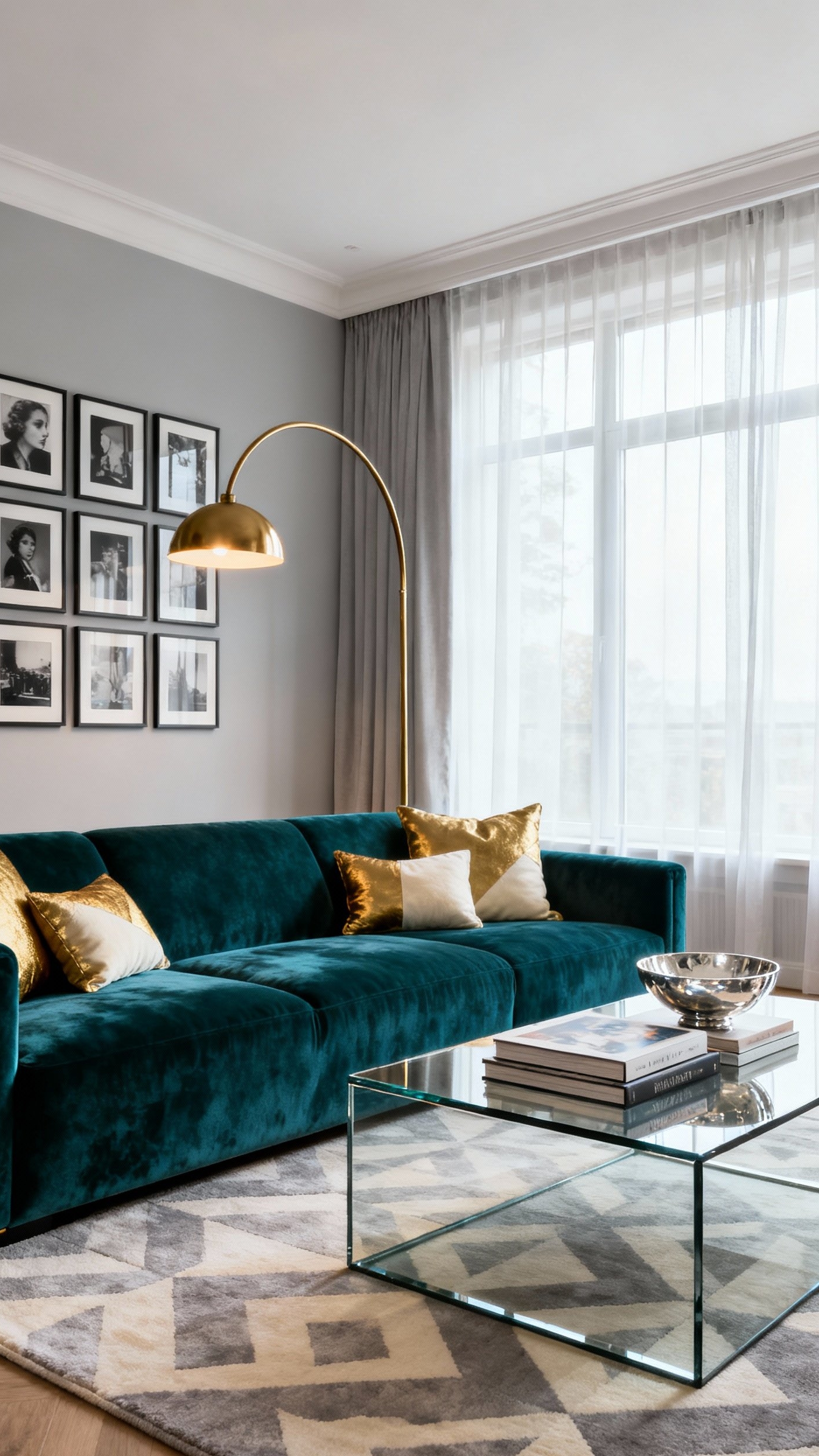 Glamorous transitional living room - Teal Velvet & Transitional Living Room - That teal velvet sofa immediately grabs your attention,...