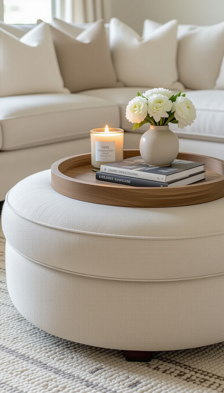 coffee table decor living room - Ottoman Coffee Table: Stylish Living Room Decor - This upholstered ottoman, serving as a coffee table,...