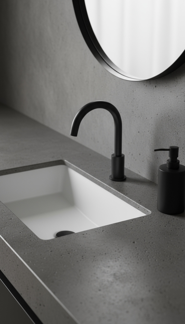 Trending Bathroom Colors - Dark Gray Concrete: Bathroom Color Trend - This concrete countertop immediately grabs your attention with...