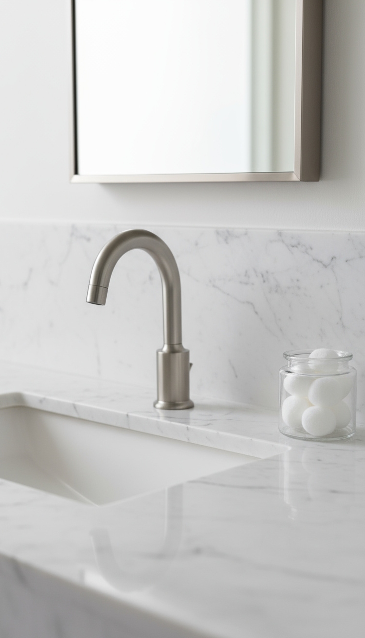 Trending Bathroom Colors - Bathroom Color Trends: Marble & Minimalism - This marble countertop instantly elevates the bathroom with...