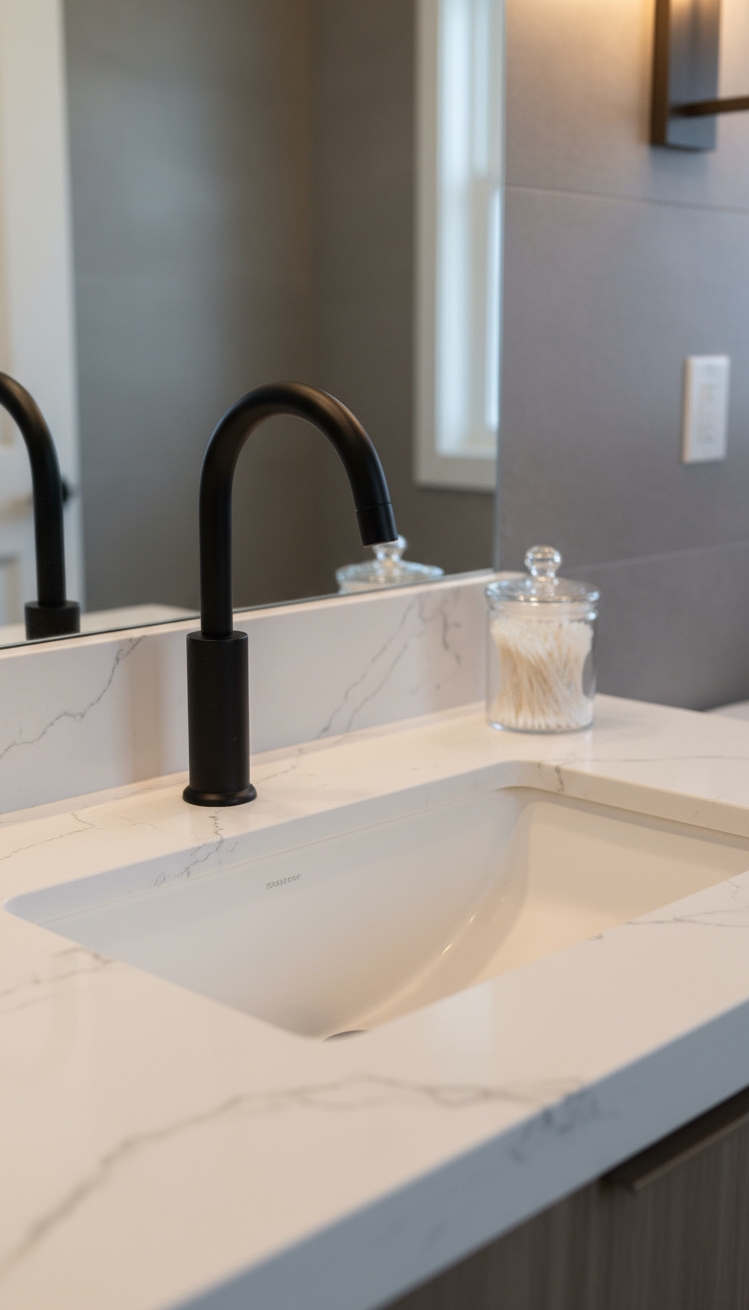 Trending Bathroom Colors - Quartz & Black: Bathroom Color Trends - The vanity countertop immediately draws your eye with...