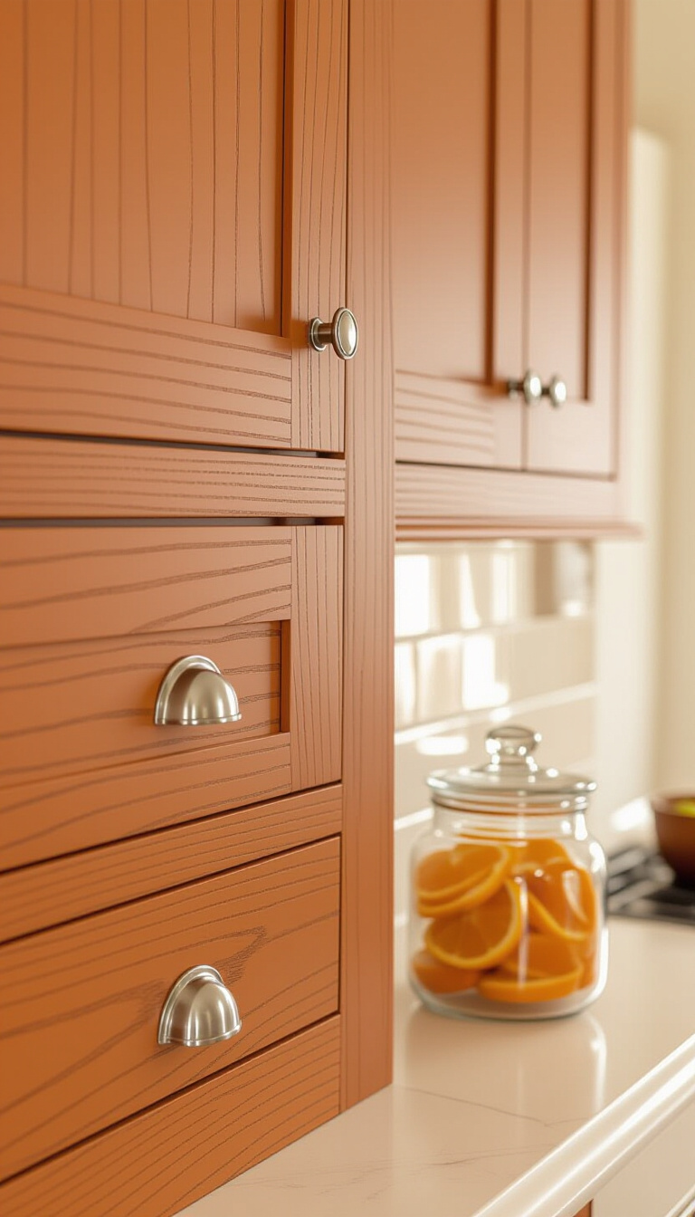 kitchen cabinet colors - Spiced Pumpkin Cabinets: A Warm Embrace - These Shaker cabinets immediately draw you in with...
