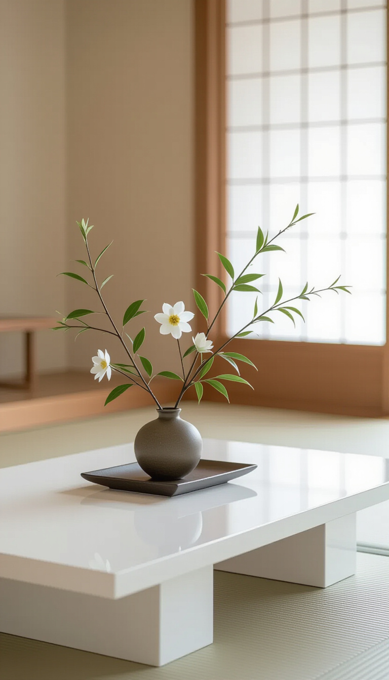 coffee table decor living room - Ikebana Coffee Table: Minimalist Living Room - The Ikebana arrangement commands attention with its quiet...