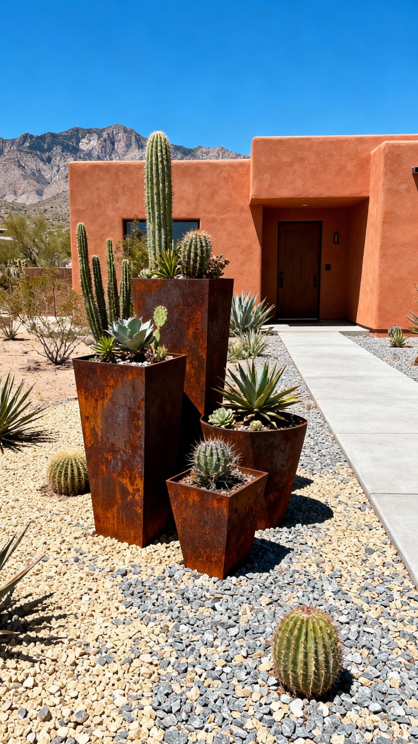 front yard landscape - Sculptural Succulents: Desert Front Yard Design - Rusted metal planters steal the show in this...