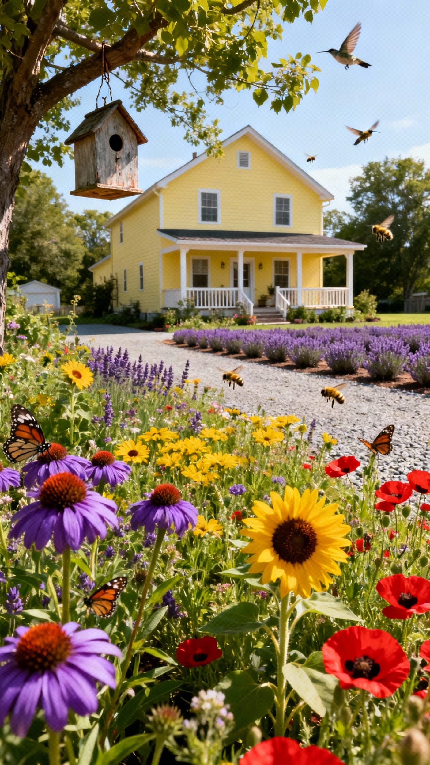 front yard landscape - Front Yard: A Pollinator Paradise Design - A riot of wildflowers anchors this front yard,...