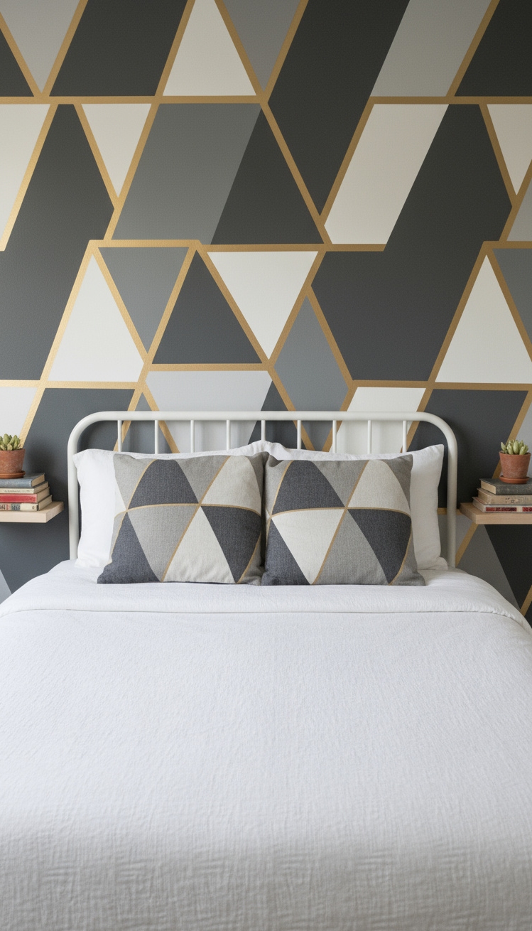 Accent Wall Behind Bed - Geometric Accent Wall: Bedroom Design Highlight - The geometric accent wall immediately draws your eye...