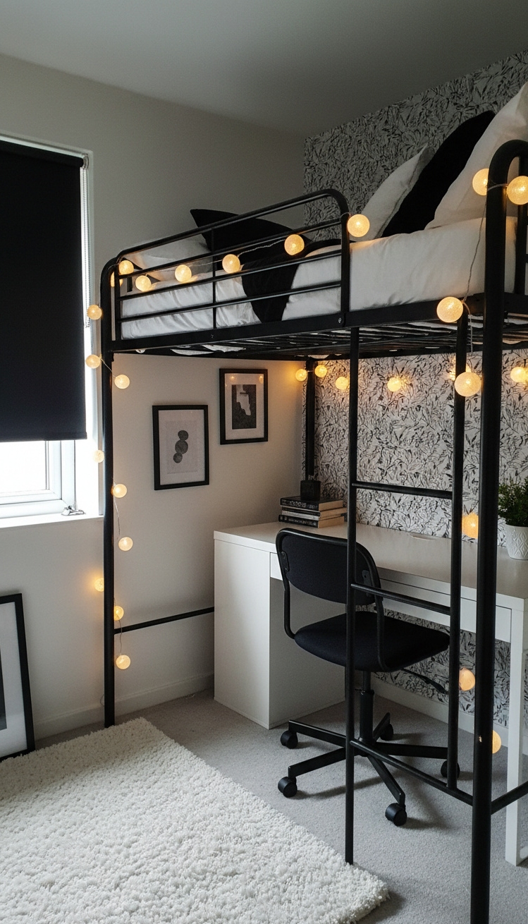 black and white bedroom ideas - Black and White Bedroom Design Ideas - black and white bedroom ideas - The black loft bed anchors this small bedroom,...