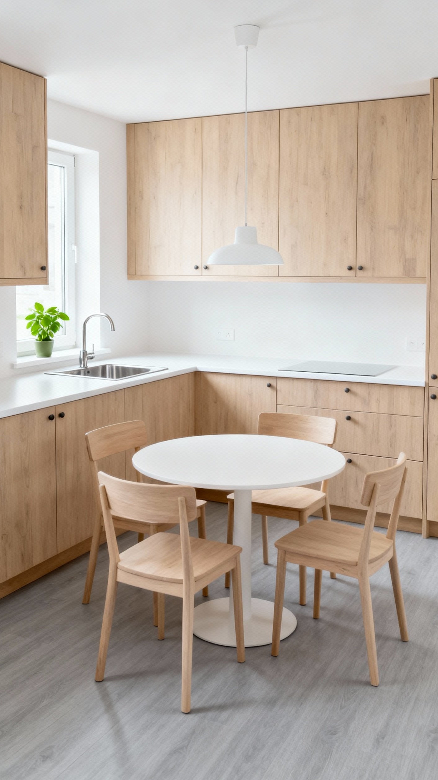 small kitchen ideas - Serene Scandinavian Small Kitchen Design - The light wood cabinetry immediately catches your eye,...