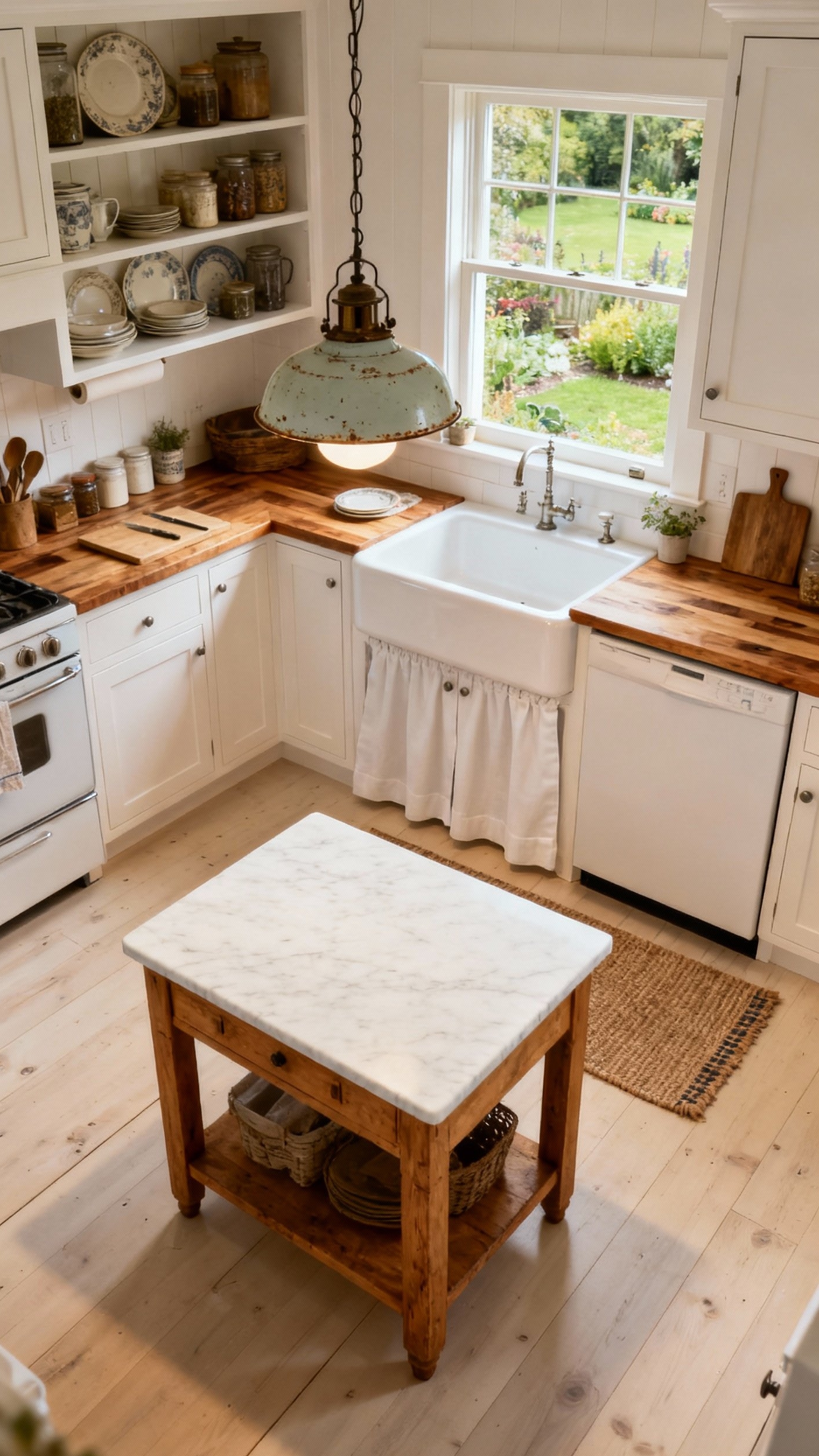 small kitchen ideas - Small Kitchen Farmhouse Charm - The butcher-block countertop practically begs you to run...