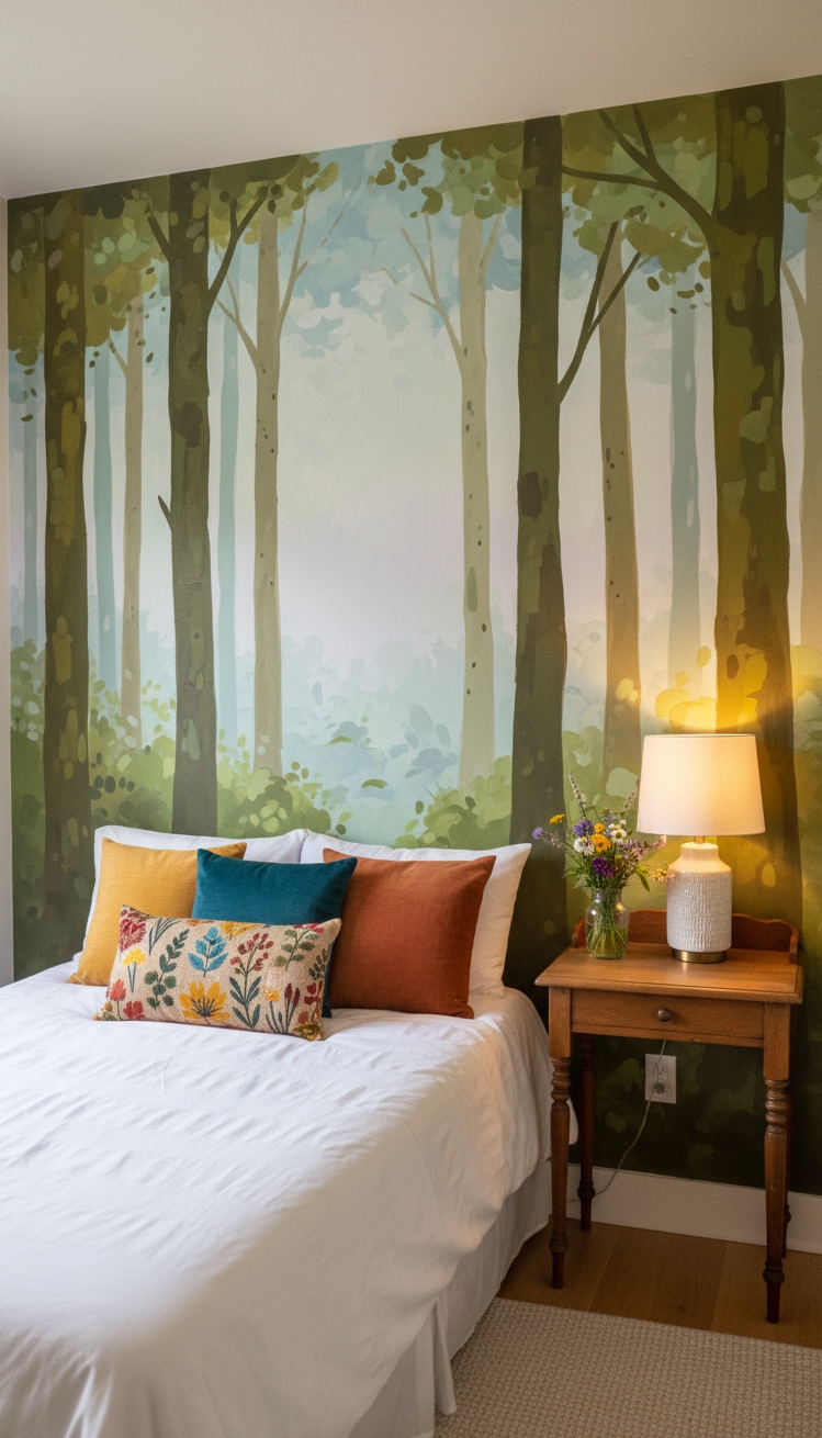 Accent Wall Behind Bed - Bedroom Accent Wall: Mural Masterpiece - The mural transforms this small guest room into...