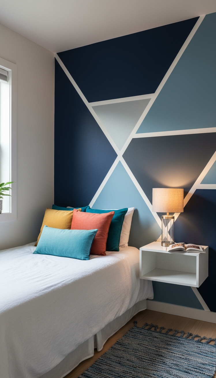 Accent Wall Behind Bed - Geometric Accent Wall: Bedroom Design - The geometric accent wall immediately grabs your attention...